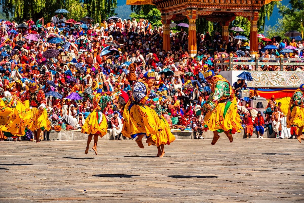 Bhutanese masked dancers during a tshechu festival