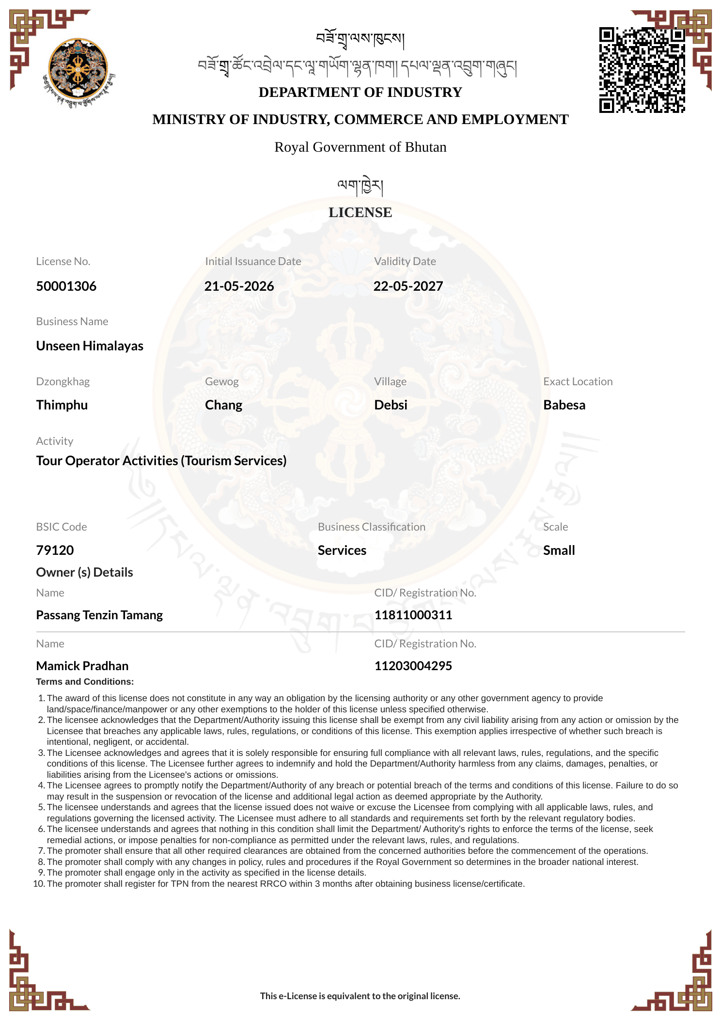 Business License certificate for Unseen Himalayas Bhutan