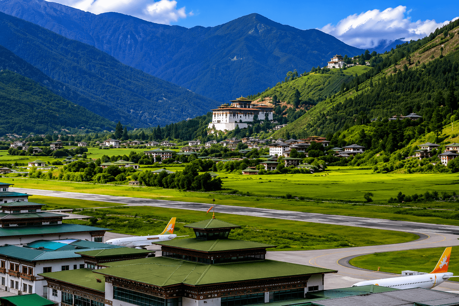 Paro International Airport and mountain valley approach